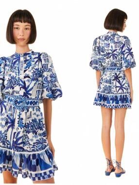Farm Rio Sweet Rio Blue & White Puff Sleeve Mini Dress